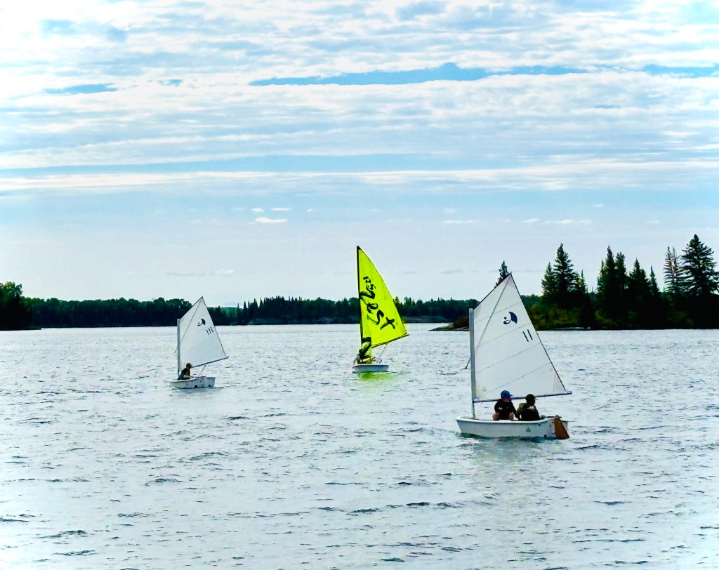 two Optis and an RS zest sail on a pretty lake in Pinawa